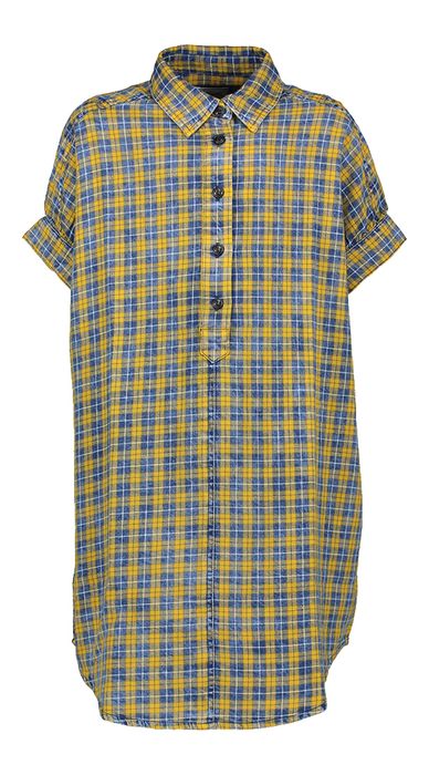 Losvallende jurk met blauuwe en okergele ruiten girls Bellerose