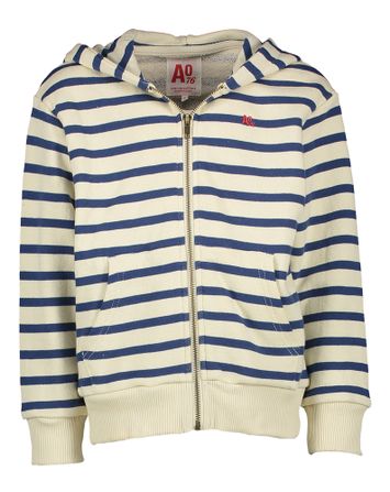 Ecru blauw gestreepte gilet met rits en kap AO
