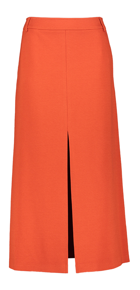 Oranje roestkleurige kokerrok met split vooraan en zakken Liviana