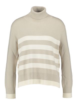 Anna Seravalli Taupe kleurige pull met rolkraag en off white strepen
