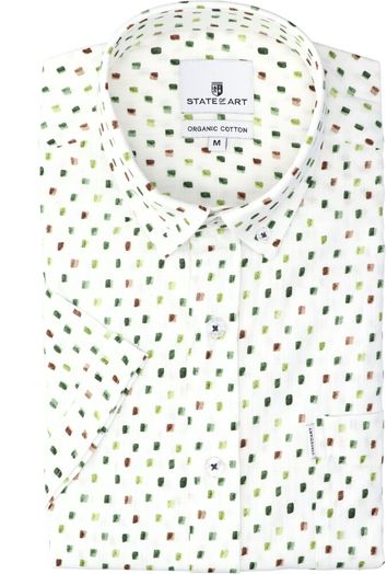 Wit hemd met groen bruine print met korte mouw (regular fit) State Of Art 