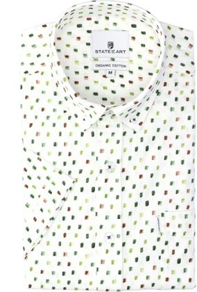 State of Art Wit hemd met groen bruine print met korte mouw (regular fit)