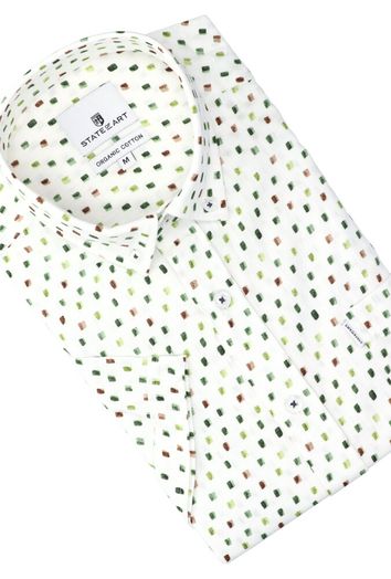 Wit hemd met groen bruine print met korte mouw (regular fit) State Of Art 