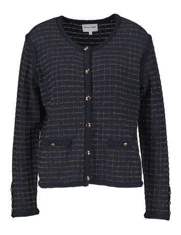 Donkerblauwe cardigan met glinsterende print en goudkleurige knopen Leo & Ugo