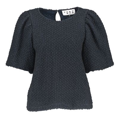 Donkerblauwe wollen blouse in reliëf met korte mouwen Elisabeth Just Eve