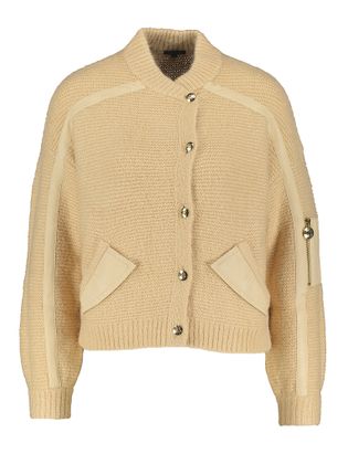 Caroline Biss Zandkleurige gebreide gilet met goudkleurige knopen