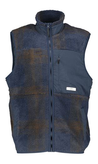 Donkerblauwe bodywarmer met bruine gevlekte print in de teddy