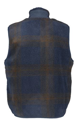 Donkerblauwe bodywarmer met bruine gevlekte print in de teddy