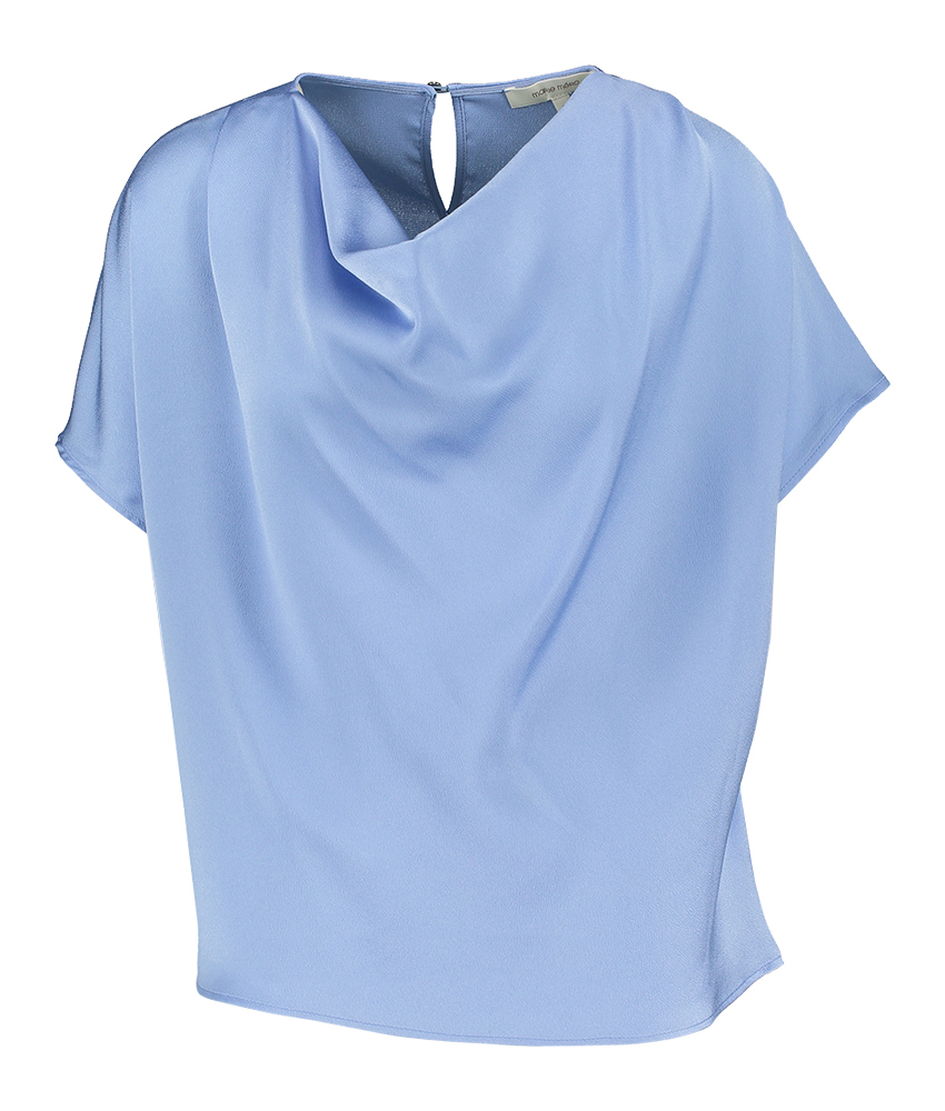 Licht blauwe bloes met waterval kraag Marie Mero