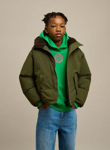 Kaki winterjas met bruine teddystof in de kap Horwin Bellerose