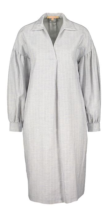 Lichtblauwe wollen jurk met witte streep en zakken La Camicia