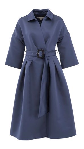 Blauwe glanzende jurk met driekwart mouwen en riem Byka Natan