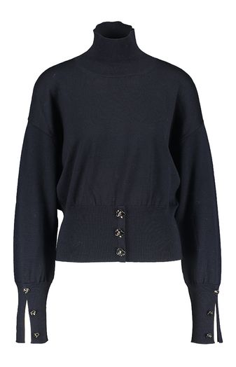 Donkerblauwe souspull met zilveren knoop detail Kunst Merino Natan 