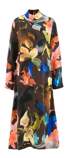 Bruine lange jurk met multicolor print Stine Goya