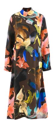 Stine Goya Bruine lange jurk met multicolor print