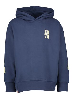 AO76 Blauwkleurige katoenen hoodie met ecru tekst op de achterkant Arthur