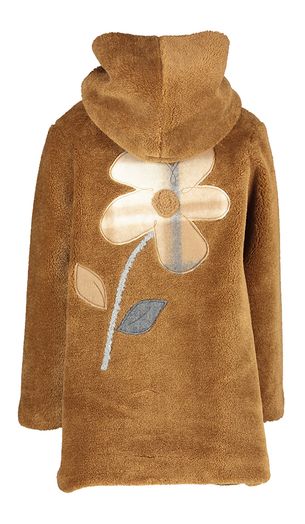 Cognackleurige teddy mantel met bloem op achterzijde en kap Elsy