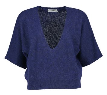 Donkerblauwe pull met korte mouwen en V-hals Almelo Nathalie Vleeschouwer