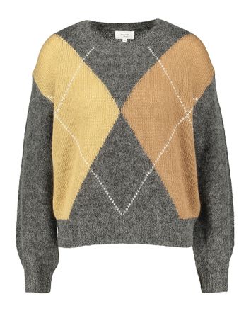 Donkergrijze wollen pull met camelkleurige ruitenprint Nanse Grace & Mila