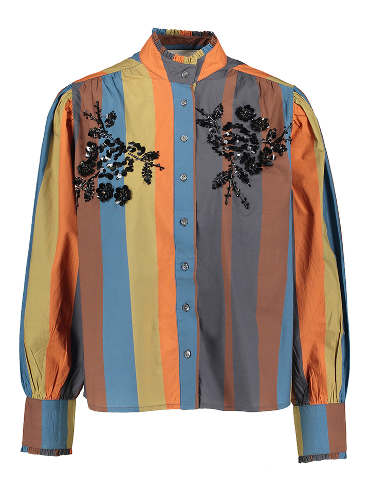 Multicolor katoenen blouse in streepmotief met strass Happy V.DE.Vinster