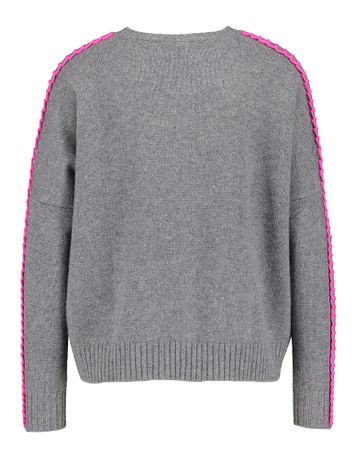 Grijze trui in cashmere met roze detail op de mouw Amea Kujten