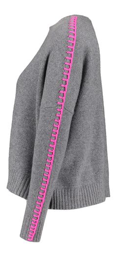 Grijze trui in cashmere met roze detail op de mouw Amea Kujten