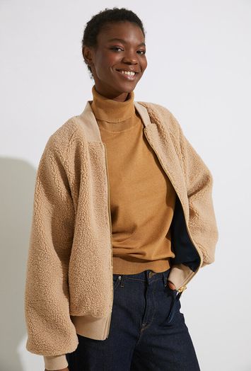 Camelkleurige reversibel teddy bomberjacket Etera Numph