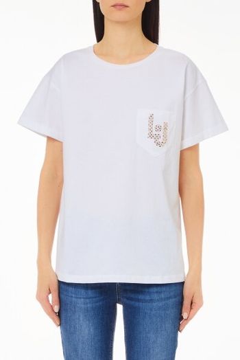 Witte katoenen t-shirt met borstzak en strass Liu Jo