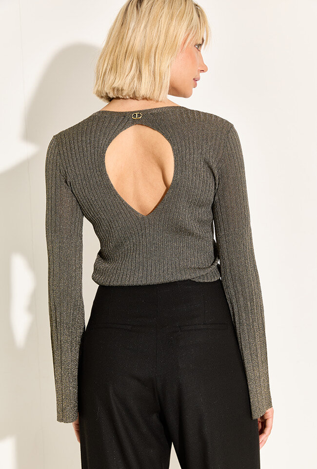 Kaki trui met gouden glitter en openening op de rug Twinset 