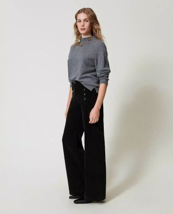 Zwarte lange broek in riblfuweel met goudkleurige knopen Twinset