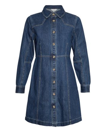 Jeansblauwe jurk met wit stiksel Dielle Emma MSCH Copenhagen