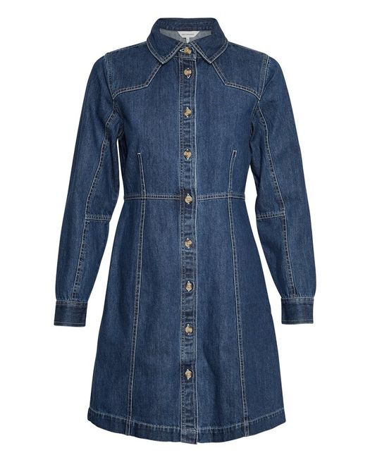 Jeansblauwe jurk met wit stiksel Dielle Emma MSCH Copenhagen