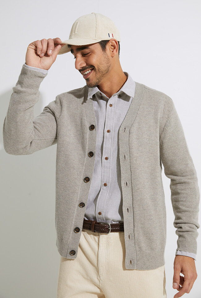 Beige katoenen hemd ( regular fit) met blauwe krijtstreep en lange mouwen Anerkjendt