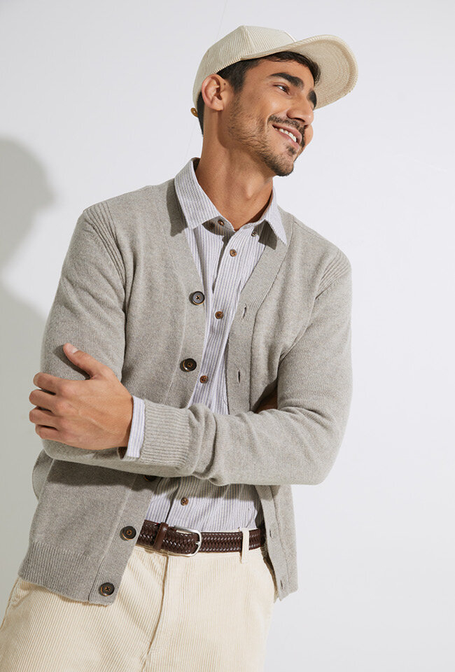 Beige katoenen hemd ( regular fit) met blauwe krijtstreep en lange mouwen Anerkjendt