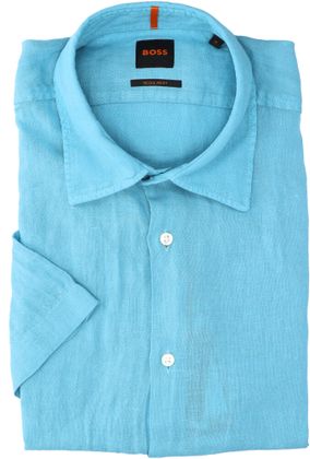 Hugo Boss Open blue linnen hemd ( regular fit) en korte mouwen