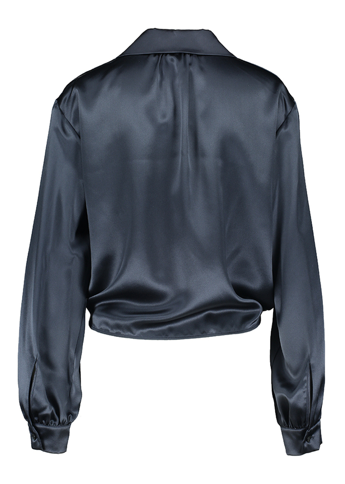 Blauwe satijnen bloes met wikkeleffect Liviana