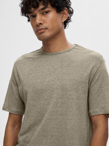Groenkleurige linnen t-shirt met ronde hals Selected