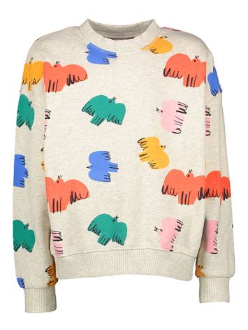 Grijze katoenen sweater met ronde hals en kleurrijke vogelprint Bird Colorful Jelly Mallow