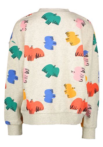 Grijze katoenen sweater met ronde hals en kleurrijke vogelprint Bird Colorful Jelly Mallow
