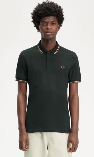 Donkergroene katoenen polo met kleurdetail aan kraag en mouwen Fred Perry