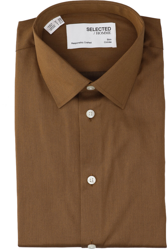 Bruin katoenen hemd (slim fit) met lange mouwen Selected