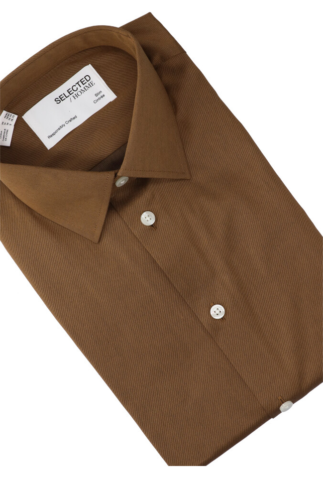 Bruin katoenen hemd (slim fit) met lange mouwen Selected