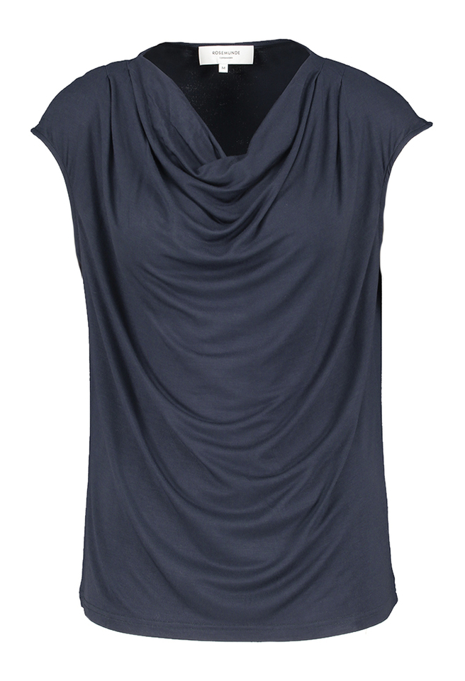 Donkerblauwe t-shirt met watervalkraag Rosemunde