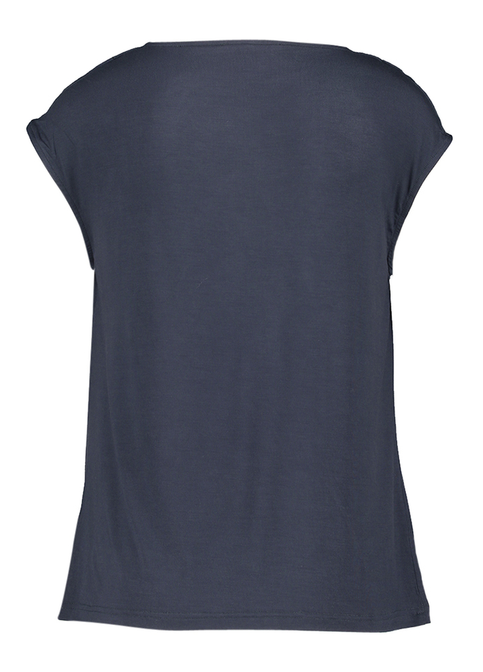 Donkerblauwe t-shirt met watervalkraag Rosemunde