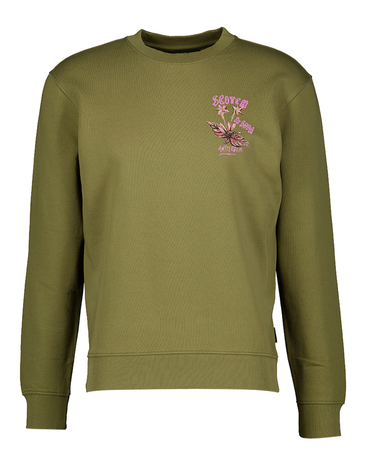 Kaki katoenen sweater met kleurrijke print op de achterkant Scotch & Soda
