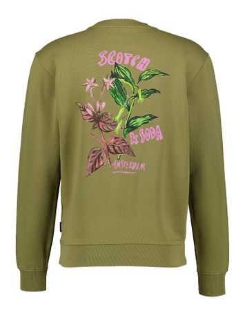 Kaki katoenen sweater met kleurrijke print op de achterkant Scotch & Soda