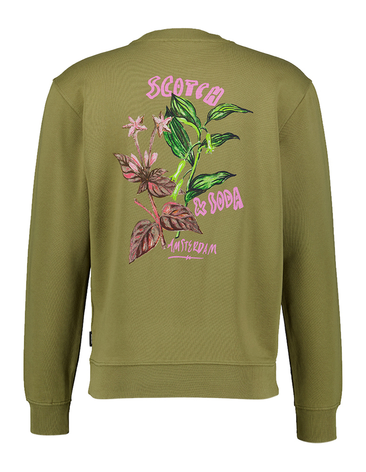 Kaki katoenen sweater met kleurrijke print op de achterkant Scotch & Soda