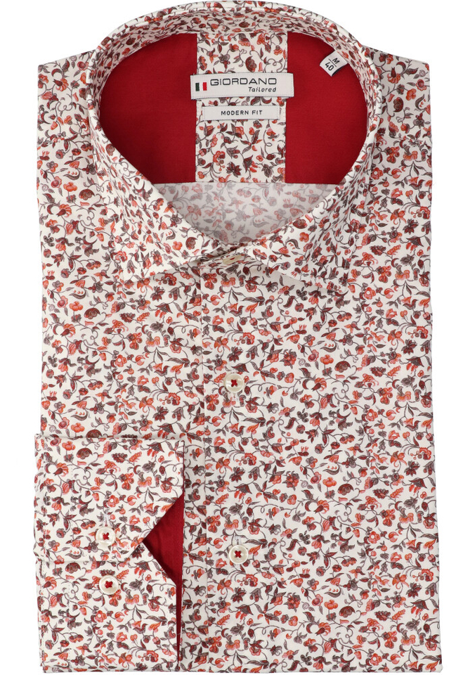 Ecru katoenen hemd in rode print (regular fit) met lange mouwen Giordano
