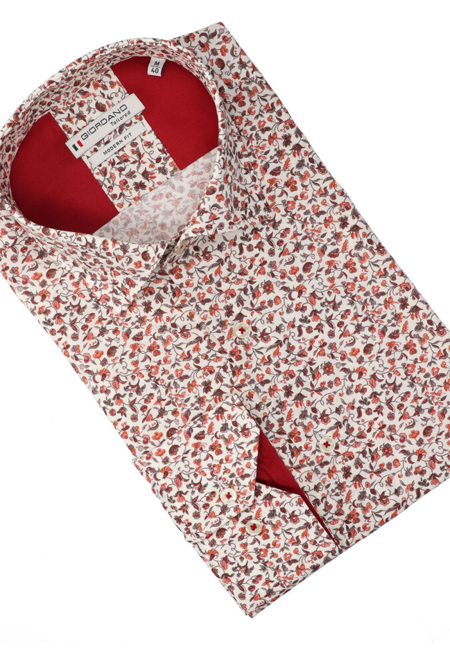 Ecru katoenen hemd in rode print (regular fit) met lange mouwen Giordano