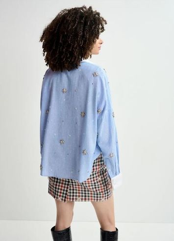 Blauw katoenen bloes met strass detail Helight Essentiel